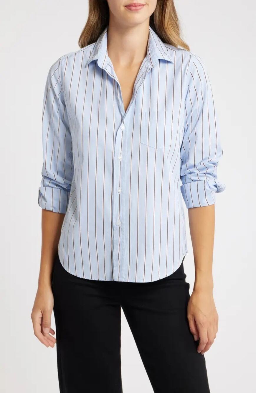 FRANK & EILEEN | Barry Blue Striped Tailored Button Down Shirt Preppy | XXS